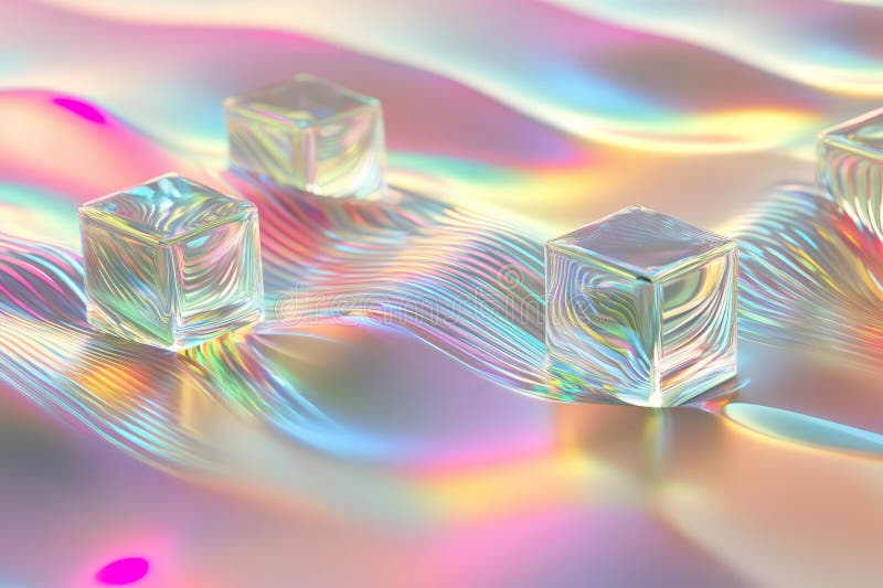 A surreal 3D abstract background displaying levitating, holographic cubes arranged in a dynamic.