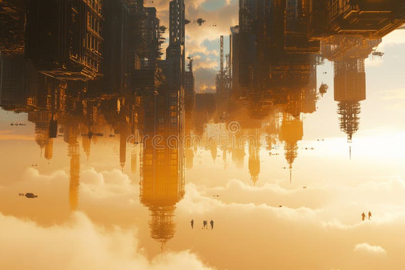 A surreal 3D background of an upside-down city suspended in the sky. Buildings defy gravity, hanging royalty free stock photos