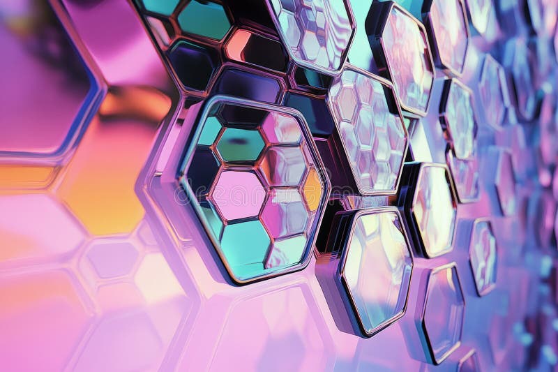 A surreal 3D background where hexagons appear as windows into alternate realities, each reflecting a