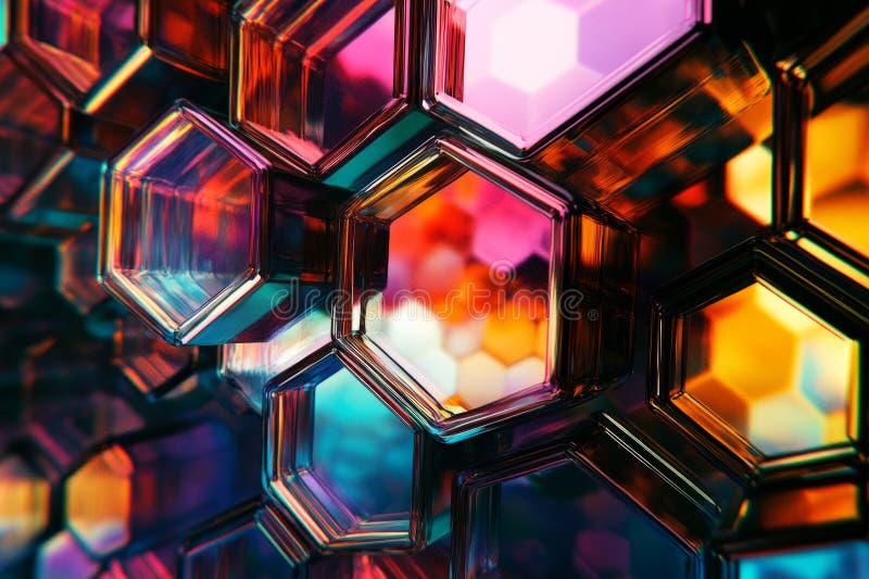 A surreal 3D background where hexagons appear as windows into alternate realities, each reflecting a