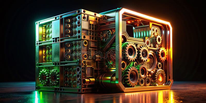 A Surreal 3D Render of an Excel File Mechanical Parts and a Reflective Surface Symbolize Data Complexity and vector illustration