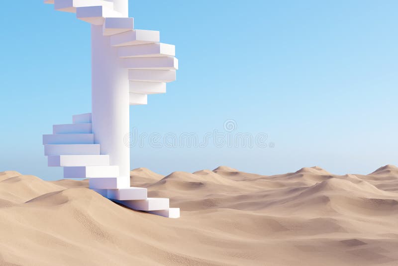 Surreal desert landscape with white spiral staircase on sand