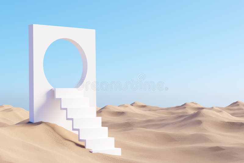 Surreal desert landscape with white staircases on sand