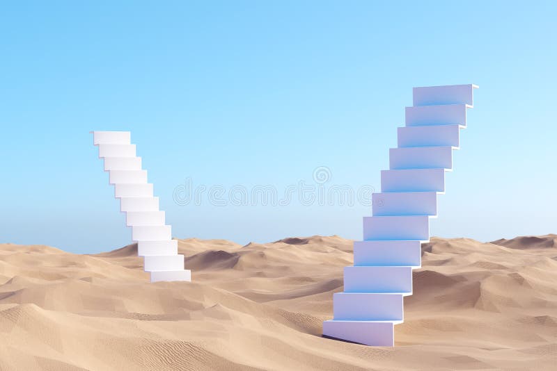 Surreal desert landscape with white staircases on sand