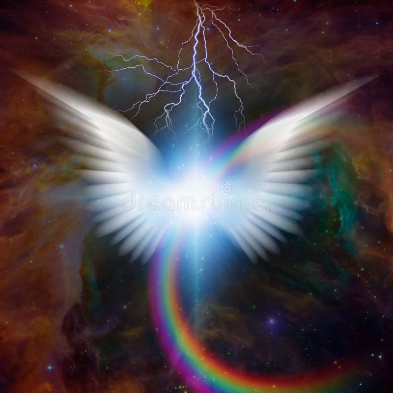 Surreal digital art. Bright star with white angel`s wings. Rainbow and lightning. Surreal digital art. Bright star with white angel`s wings. Rainbow and lightning