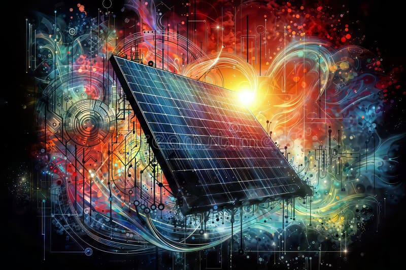 Abstract Energy Absorption: Solar Panel Amidst Colorful Swirls, generative ai royalty free illustration