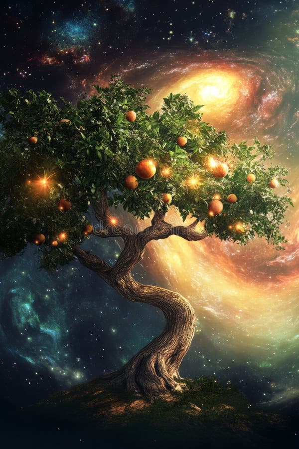 A surreal digital painting of a tree with glowing fruit, its branches reaching toward a swirling royalty free stock photos