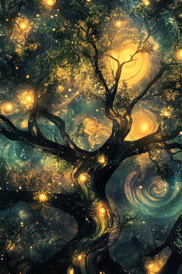 A surreal digital painting of a tree with glowing fruit, its branches reaching toward a swirling stock photography