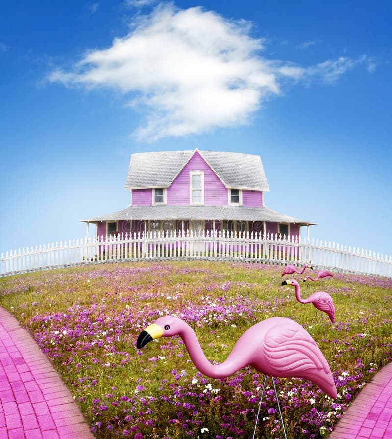 Irreal fantasía rosa casa sobre el flor cubierto colina Rodeado de acuerdo blanco palo.