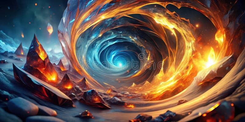 Surreal fiery vortex landscape with glowing rocks and a swirling tunnel of light and shadow. Generative AI vector illustration