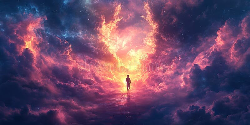 Surreal figure standing amidst vibrant clouds and cosmic light at dawn stock photos