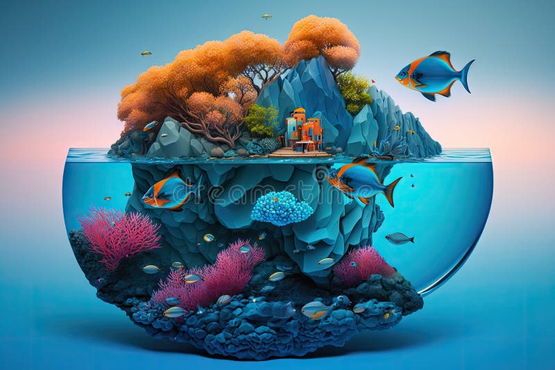 A Surreal Float Island with a Vibrant Coral Reef and Tropical Fish ...