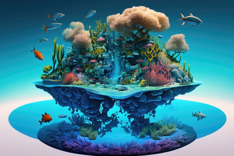 A Surreal Float Island with a Vibrant Coral Reef and Tropical Fish ...