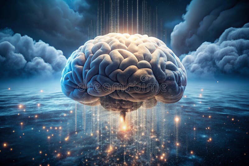 Surreal floating brain in clouds of data dust. stock illustration
