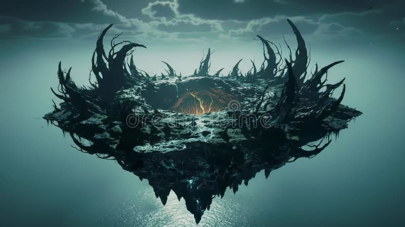 A surreal floating island with jagged edges, glowing lava, and ominous clouds above a calm sea vector illustration