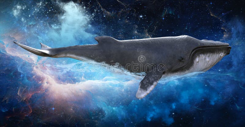 Abstraktný charakter konceptu hrbáč veľryba lietanie cez vonkajší priestor v tichom prostredí pokoj a nádej.