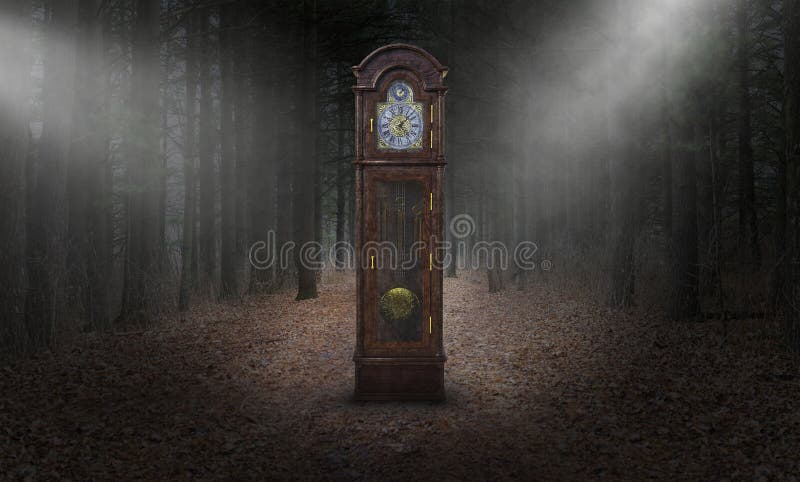 Surreal Grandfather Clock, Time, Woods, Nature stock image