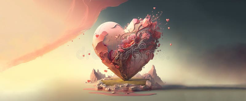 A surreal heart-shaped object, made from a mysterious and otherworldly material, that has emerged from the surface of a mountain valley plain. The object's core appears to be a fusion of natural flowers, with petals and leaves growing and spreading out from the center in a beautiful and ethereal display. The heart shape stands out in stark contrast to the rugged and wild terrain of the valley, creating a mesmerizing and dreamlike scene. The blend of nature and artifice in this image makes it perfect for use in projects that explore themes of beauty, growth, and transformation. Plain objects illustrations