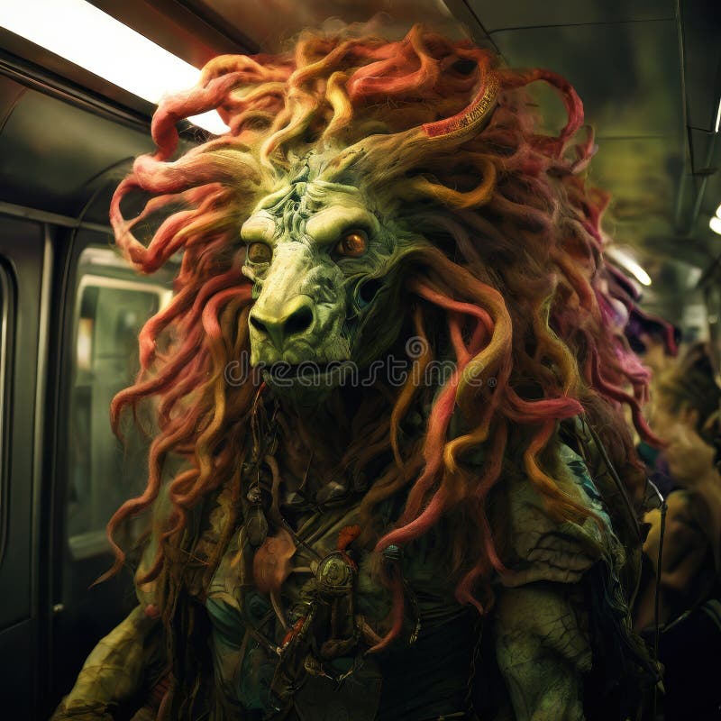 Mythical beast with serpent-like hair standing in a subway royalty free stock photos