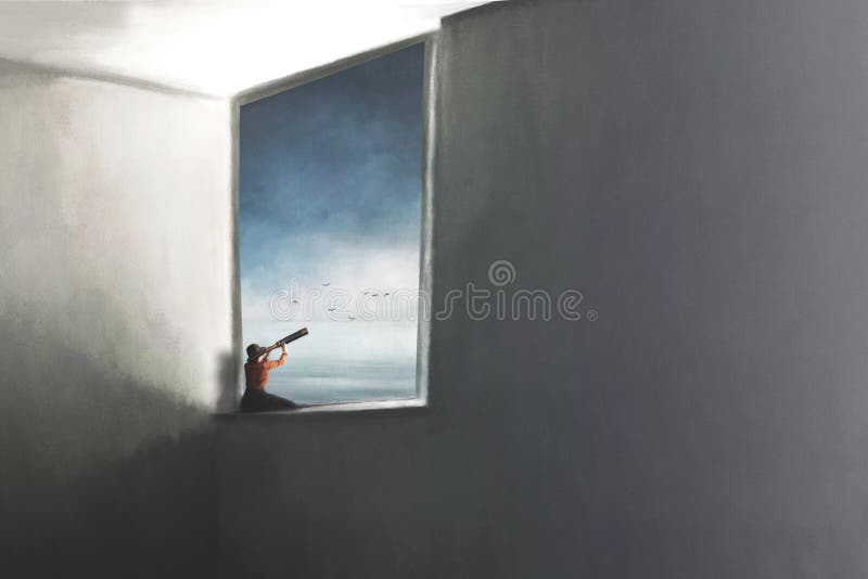 Surreal illustration of a person looking out of a spyglass out the window of a house