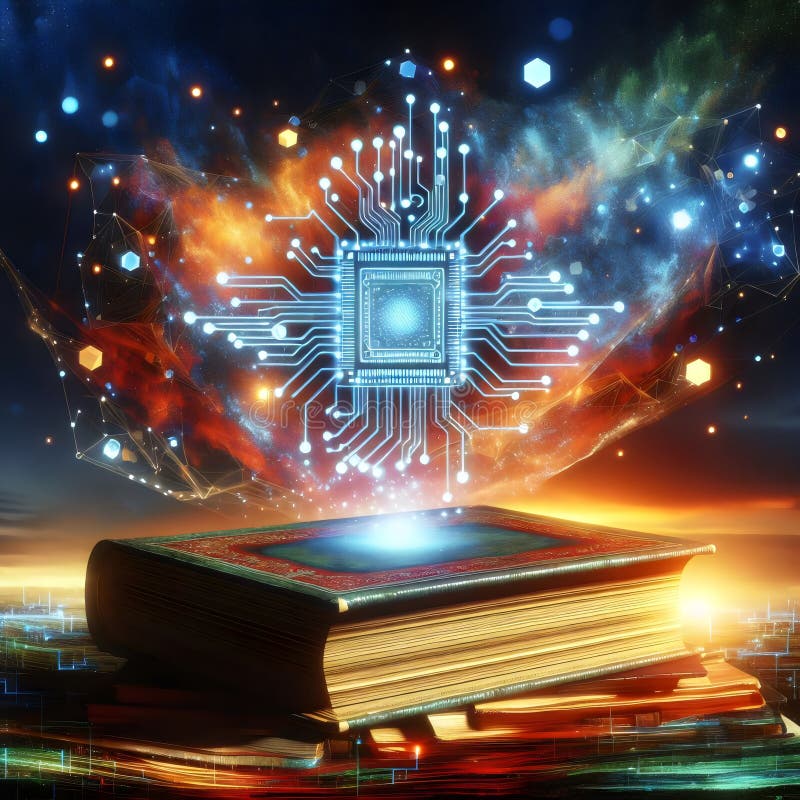 A surreal image depicting a glowing blue circuit board floating above antique books. royalty free stock image
