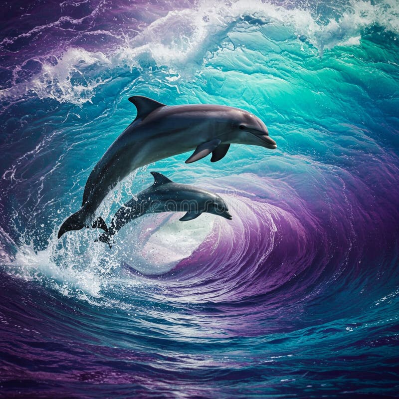 Surreal image featuring two dolphins (Delphinidae) leaping out of vibrant, swirling vector illustration