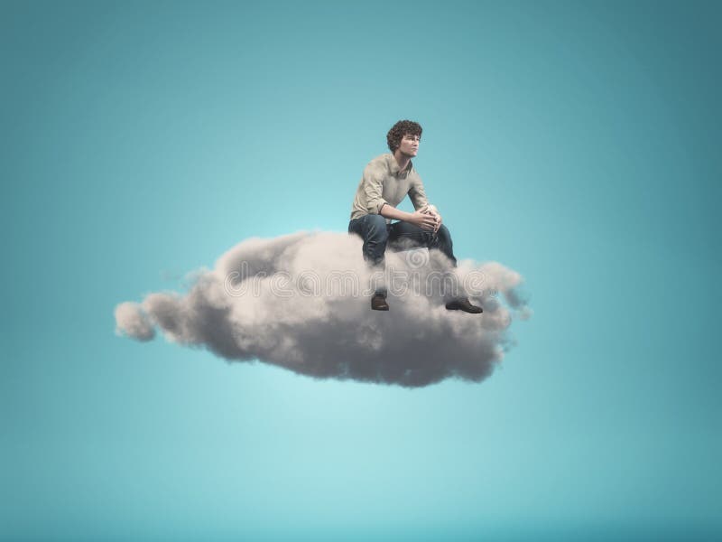 Surreal image of a man sitting on a gray cloud. 