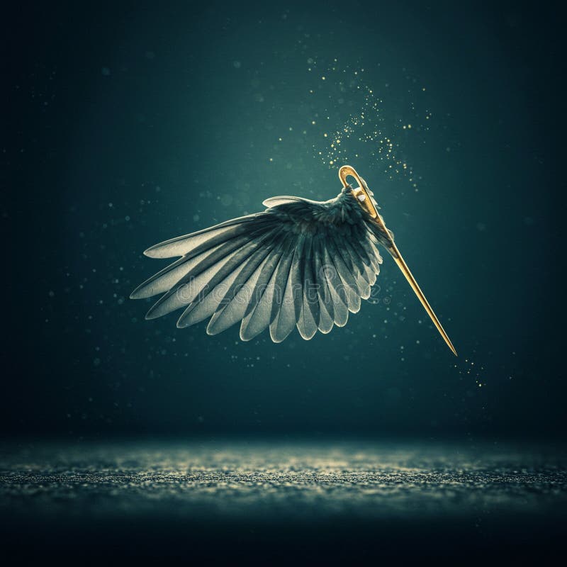 A surreal image showing a metallic, gold winged creature or object suspended mid-air vector illustration