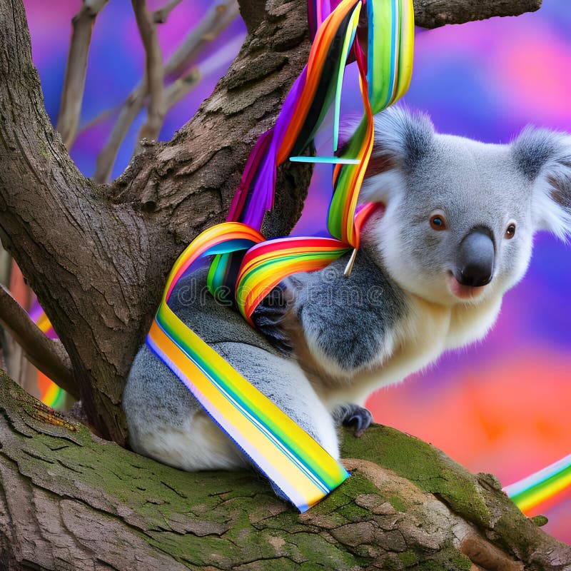 A Surreal Koala with a Tail of Rainbow Ribbons, Clinging To a