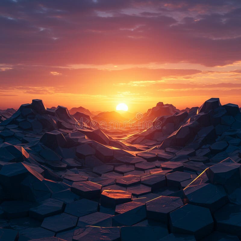 A surreal landscape features polygonal, hexagonal rock formations illuminated by a vector illustration