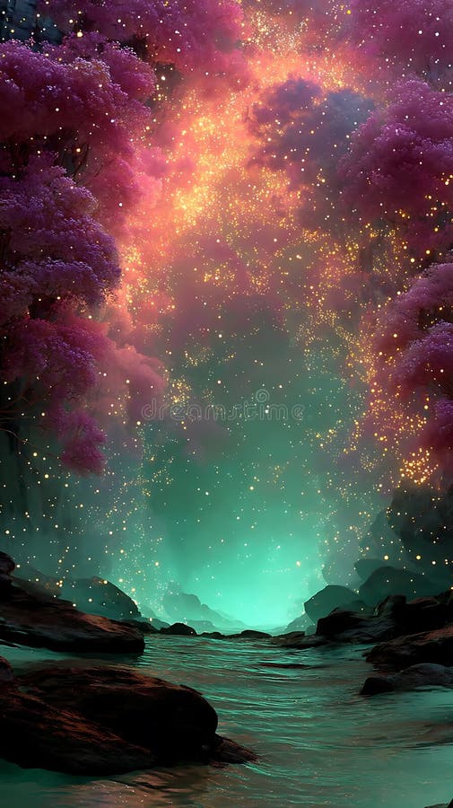 A surreal landscape features a vibrant, swirling sky of pink and orange hues, dotted vector illustration