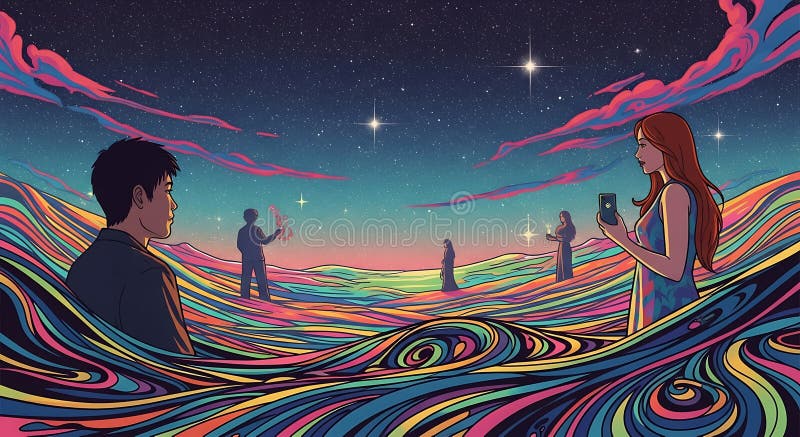 Surreal landscape featuring vibrant, swirling waves of multicolored lines under a royalty free illustration