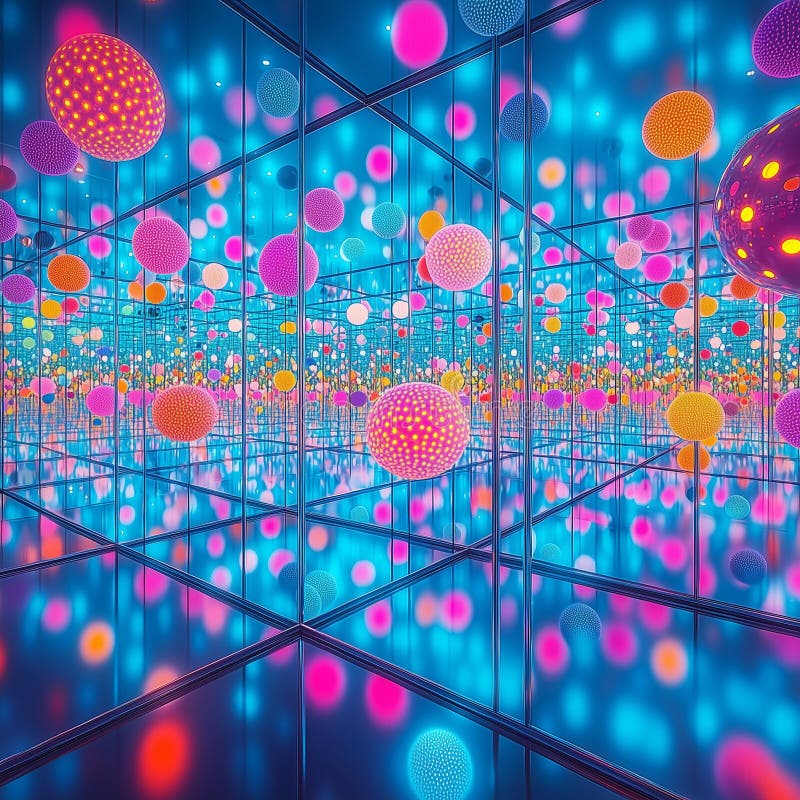 Infinity room of colorful floating spheres with reflective mirrored surfaces stock illustration