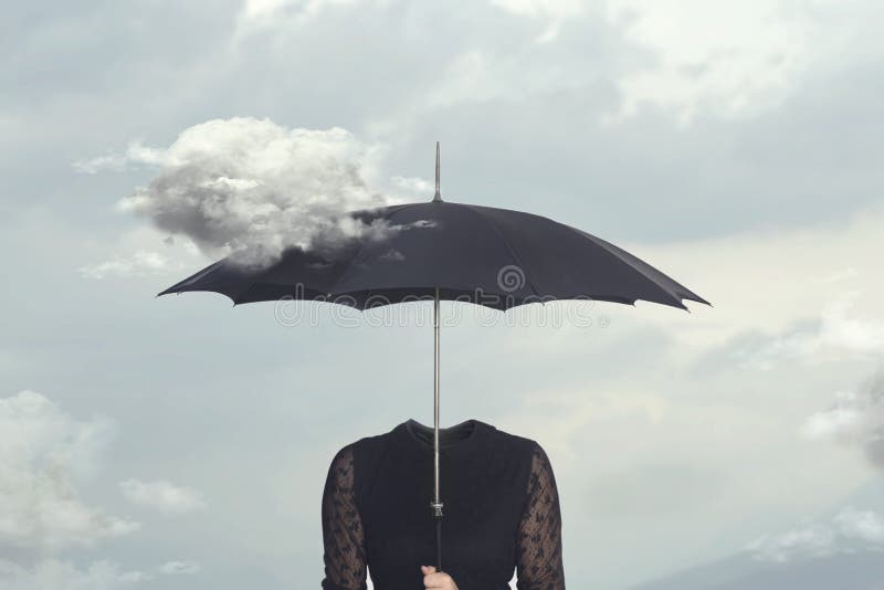 Surreal moment of a cloud caressing the umbrella of a headless woman