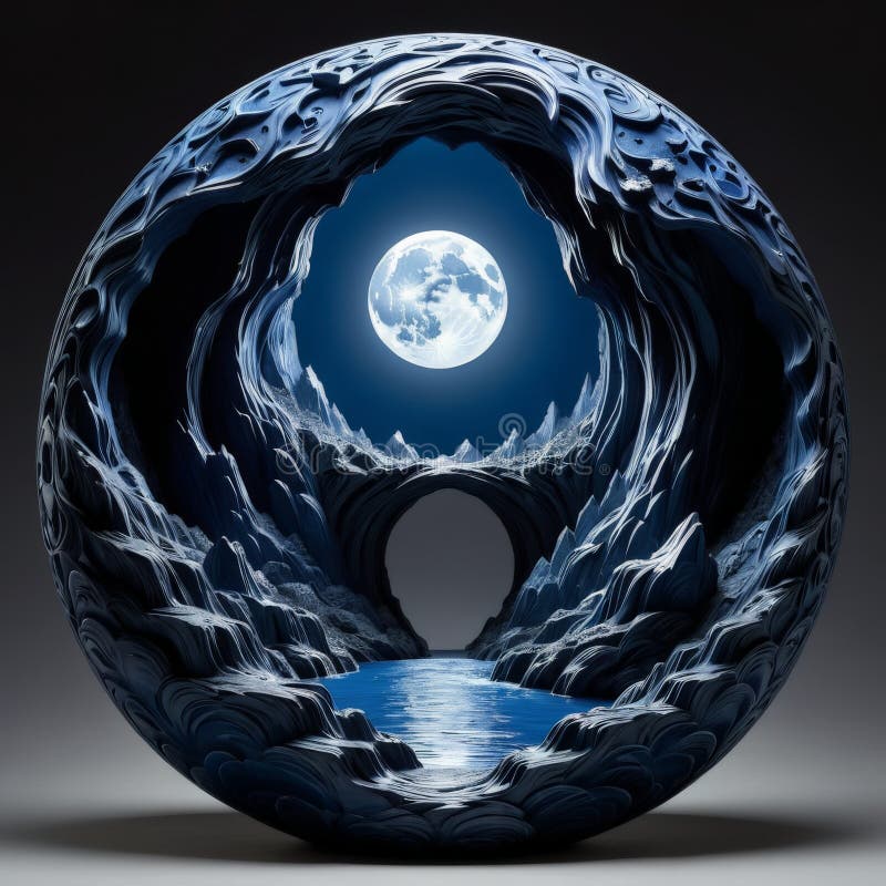 Surreal Moonlit Cave with Circular Landscape stock images