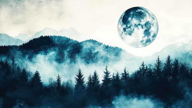 Surreal moonlit forest landscape with mist and mountains stock photo