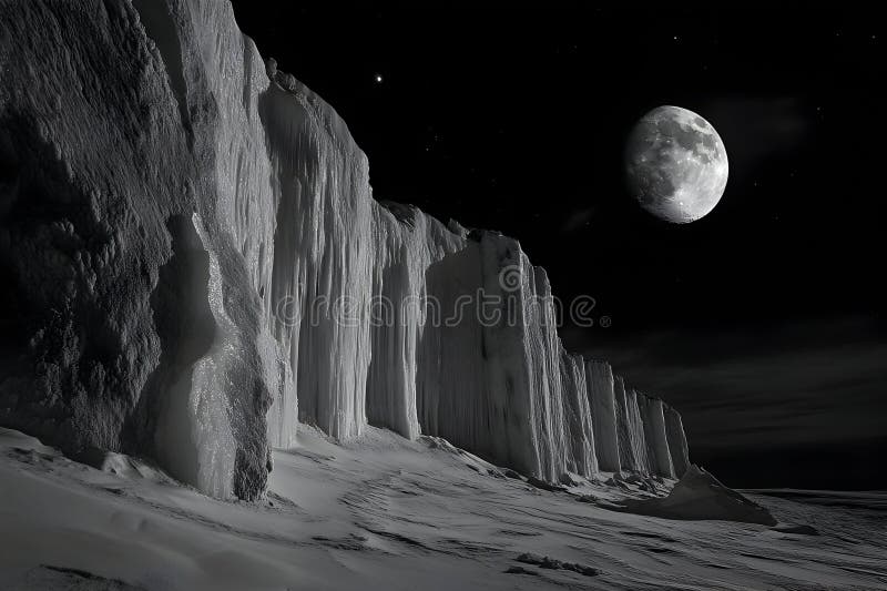 Surreal Moonlit Scene Of Rugged Alien Terrain Under A Bright Night Sky Dotted With Countless Stars. Generative AI royalty free stock images
