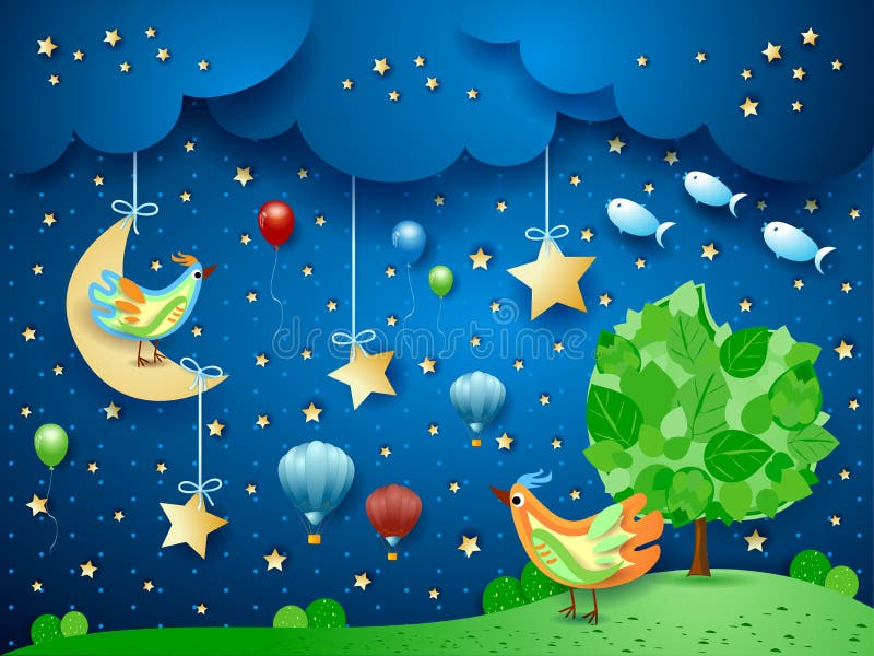 Surreal nacht met boom, vogels, ballons en vliegende vissen stock illustratie Surreal nacht met boom, vogels, ballons en vliegende vissen stock illustratie
