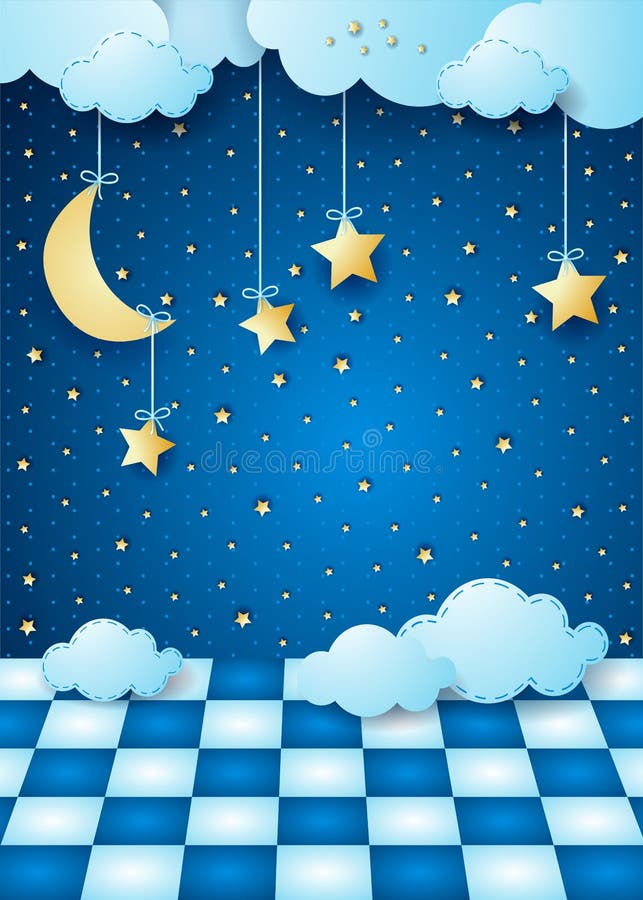 Surreal nacht met het hangen van maan, wolken en vloer royalty-vrije illustratie Surreal nacht met het hangen van maan, wolken en vloer royalty-vrije illustratie