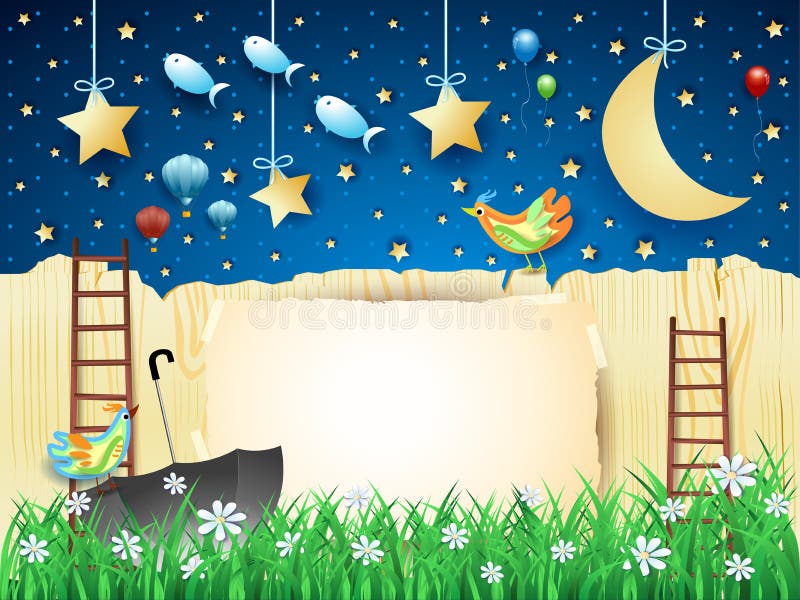 Surreal nacht met omheining, trap, paraplu en vliegende vissen stock illustratie Surreal nacht met omheining, trap, paraplu en vliegende vissen stock illustratie