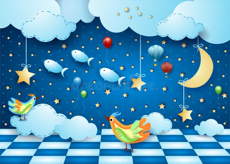 Surreal nacht met ruimte, maan, ballons, vogels en het vliegen vist stock illustratie Surreal nacht met ruimte, maan, ballons, vogels en het vliegen vist stock illustratie