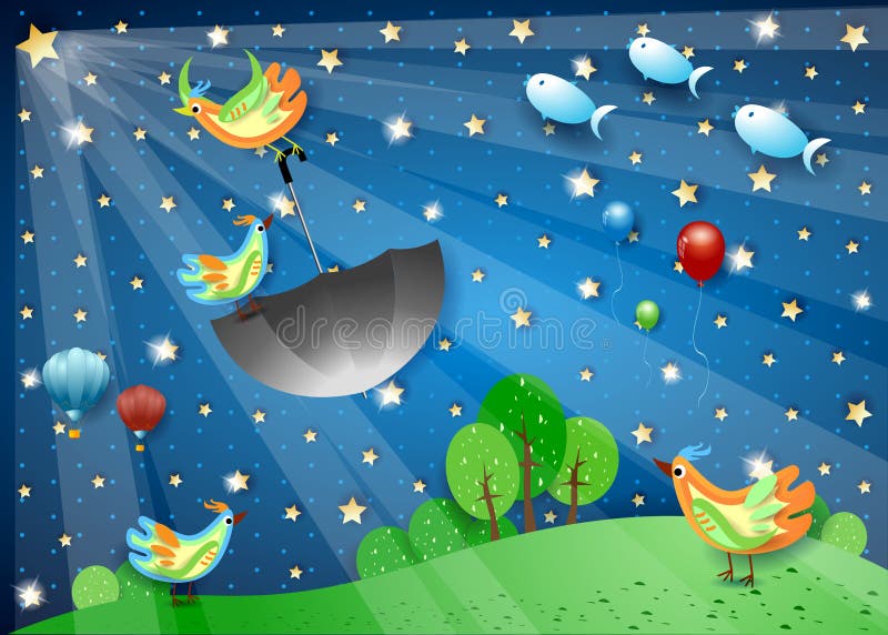 Surreal nacht met spotligh, vliegende paraplu en vissen royalty-vrije illustratie Surreal nacht met spotligh, vliegende paraplu en vissen royalty-vrije illustratie