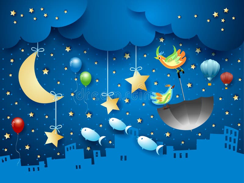Surreal nacht met stedelijke horizon en vliegende paraplu en vissen vector illustratie Surreal nacht met stedelijke horizon en vliegende paraplu en vissen vector illustratie