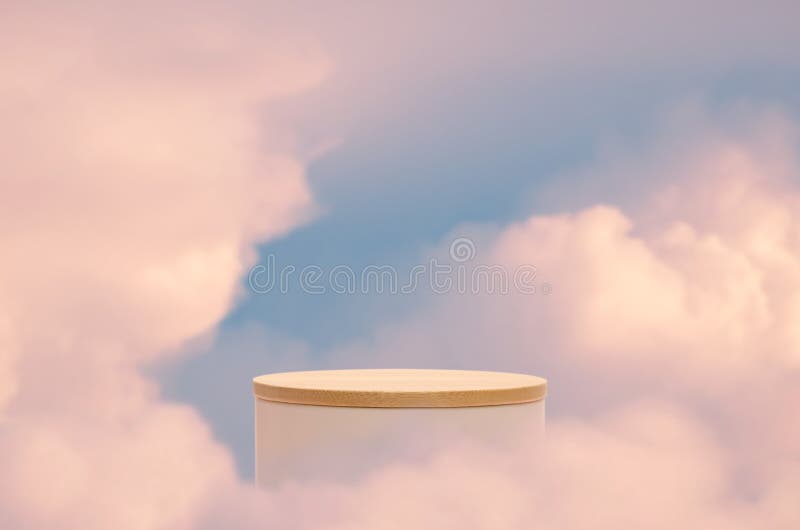 Surreal podium outdoor on blue sky pink gold pastel soft clouds with space.Beauty cosmetic product placement pedestal present