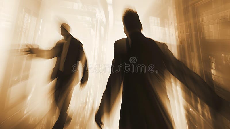 Abstract silhouettes of two figures in a dynamic scene. surreal, artistic portrayal with motion blur effect. ideal for royalty free stock photography