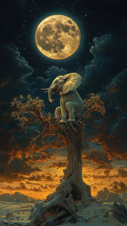 Elephant sitting on tree, moonlit surreal landscape royalty free stock images