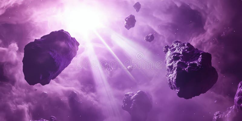 A surreal scene of a violet-hued galactic explosion with intense light rays piercing through stock photo