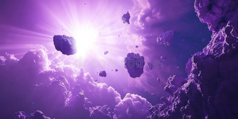A surreal scene of a violet-hued galactic explosion with intense light rays piercing through stock photography