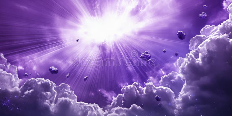 A surreal scene of a violet-hued galactic explosion with intense light rays piercing through stock photos