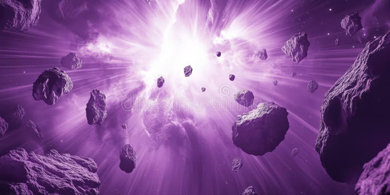 A surreal scene of a violet-hued galactic explosion with intense light rays piercing through stock photos